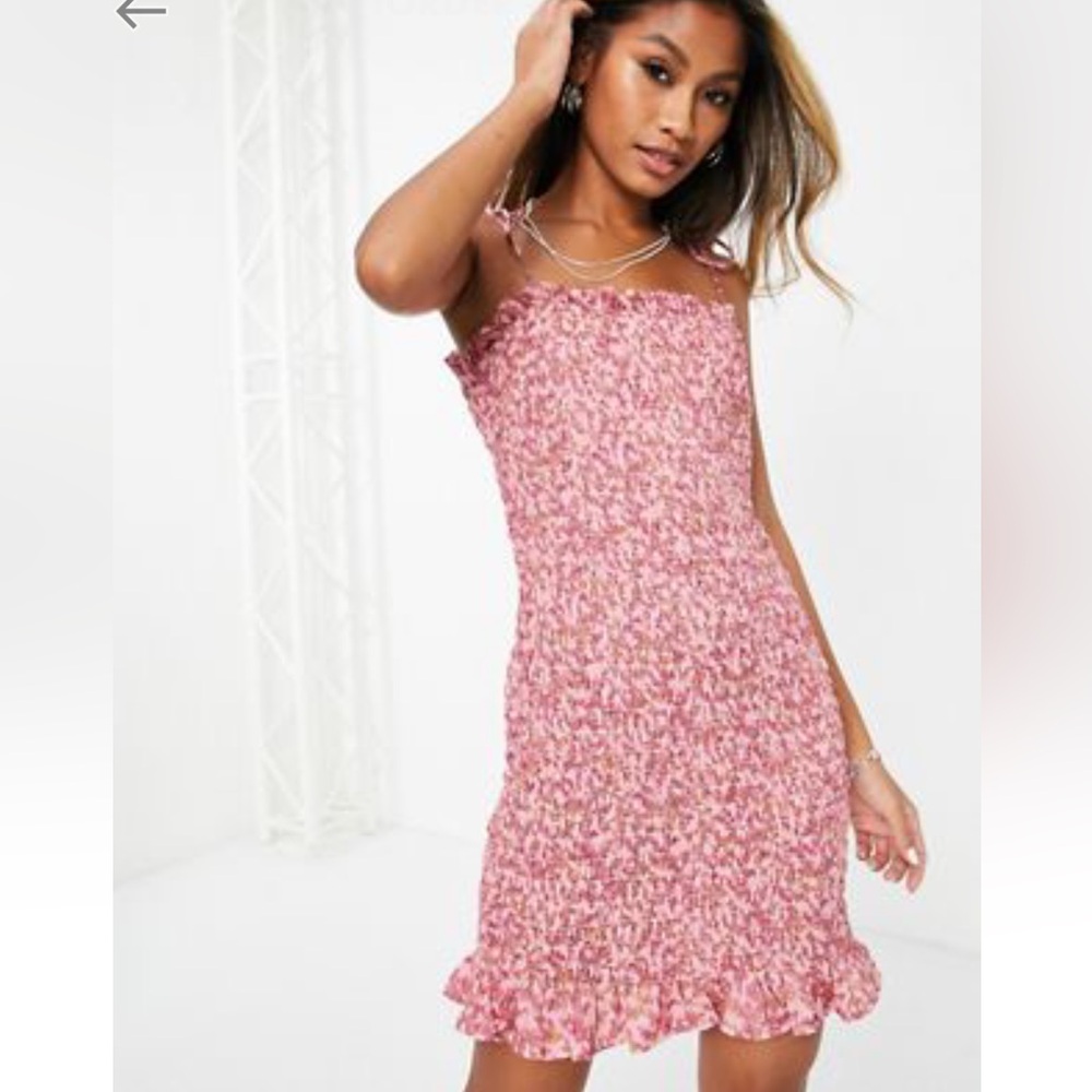 NWT/ NIB TOPSHOP PINK MINI SZ 10 DRESS FLORAL SHIRRED w SPAGHETTI-STRAPS
